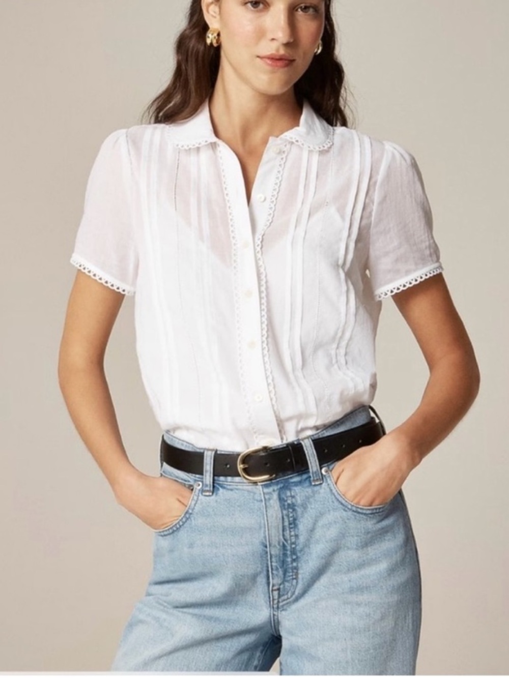 NWT J. CREW Button-up short-sleeve shirt cotton voile lace trim white 00 NO CAMI